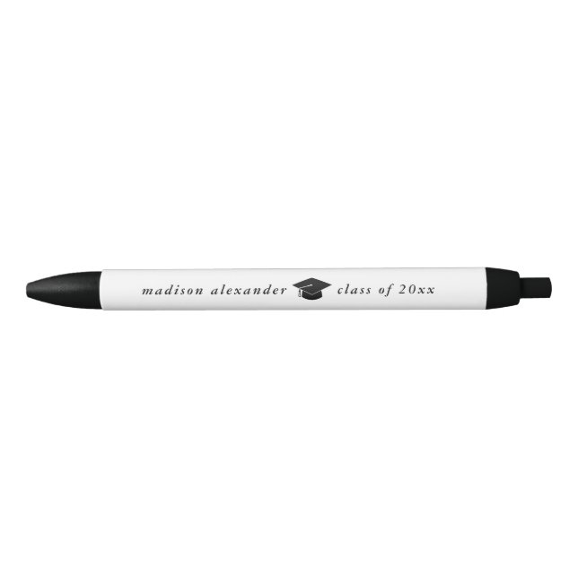 Trendy Black and White Graduation Cap Year Name Black Ink Pen (Front)
