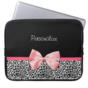 Trendy Black And White Leopard Print Pink Ribbon Laptop Sleeve