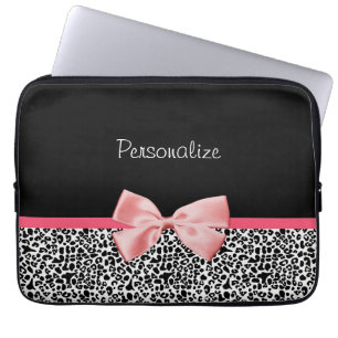 Trendy Black And White Leopard Print Pink Ribbon Laptop Sleeve