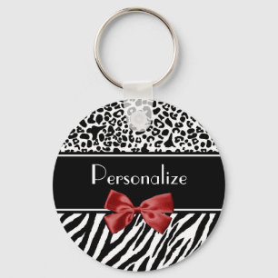 Trendy Black And White Leopard Zebra Print Red Bow Keychain