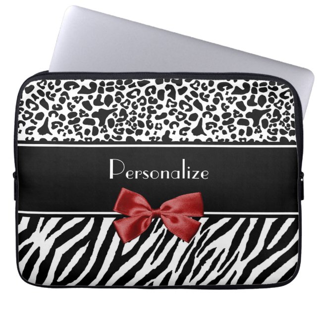 Trendy Black And White Leopard Zebra Print Red Bow Laptop Sleeve (Front)