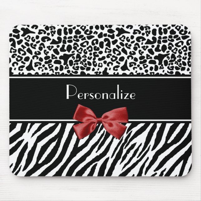 Trendy Black And White Leopard Zebra Print Red Bow Mouse Pad (Front)