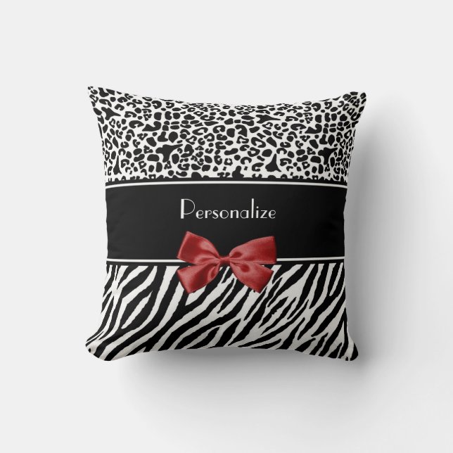 Trendy Black And White Leopard Zebra Print Red Bow Throw Pillow (Front)