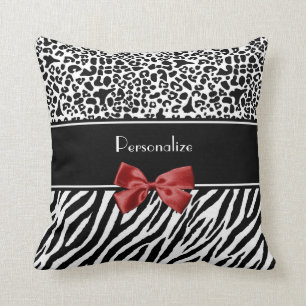 Trendy Black And White Leopard Zebra Print Red Bow Throw Pillow