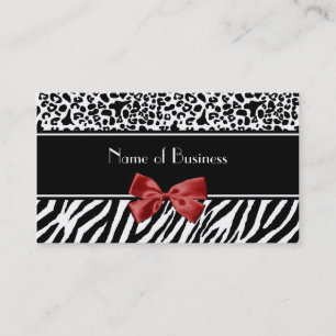 Trendy Black And White Leopard Zebra Red Ribbon Business Card