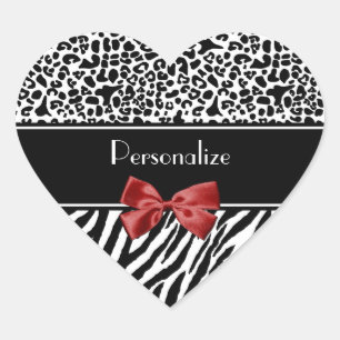 Trendy Black And White Leopard Zebra Red Ribbon Heart Sticker
