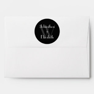 Trendy Black and White Monogram Stripes Wedding Envelope