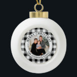 Trendy Black and White Plaid Merry Christmas Ceramic Ball Christmas Ornament<br><div class="desc">Rustic Merry Christmas Photo Holiday Ornament - Trendy Black & White Buffalo Plaid Background.</div>