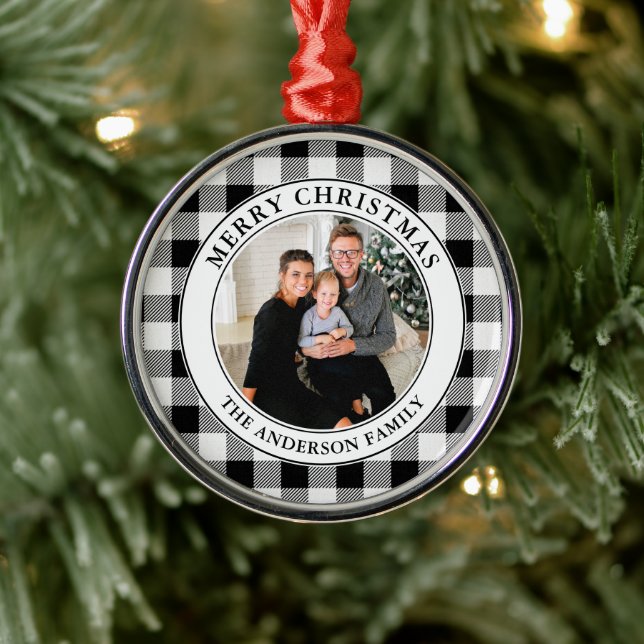 Trendy Black and White Plaid Merry Christmas Metal Ornament (Tree)