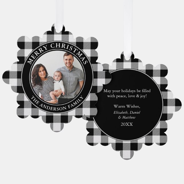 Trendy Black and White Plaid Merry Christmas Ornament Card (Front/Back)