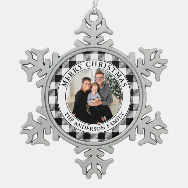 Trendy Black and White Plaid Merry Christmas Snowflake Pewter Christmas Ornament (Front)