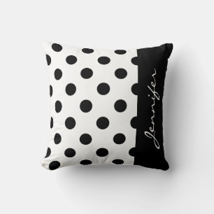 Trendy Black and White Polka Dot with Name Throw Pillow