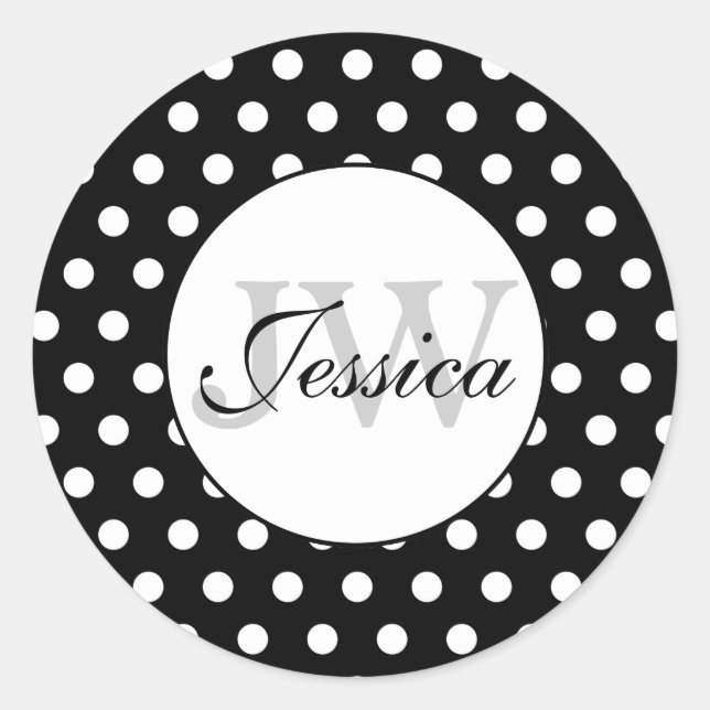 Trendy Black and White polka dots pattern Monogram Classic Round Sticker (Front)