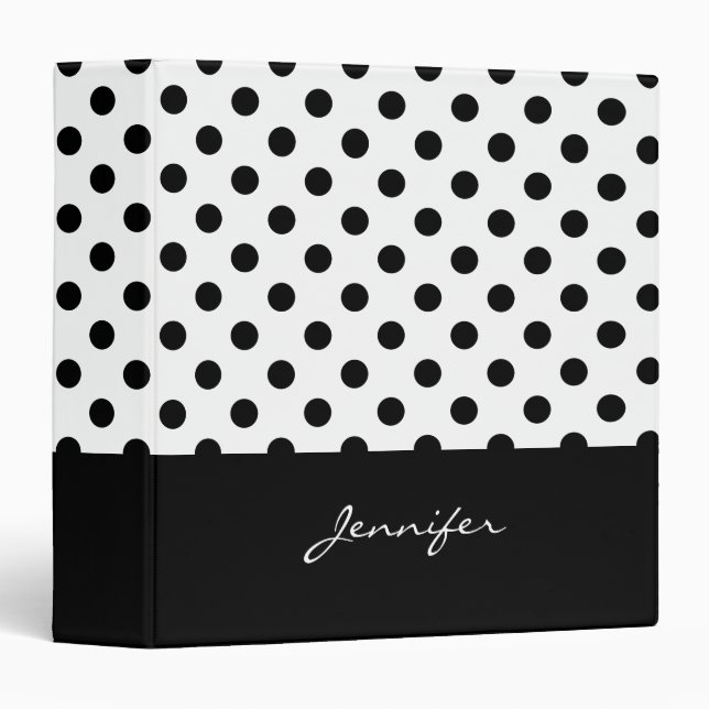 Trendy Black and White Polka Dots with Name Binder (Front/Spine)
