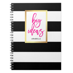 Trendy Black and White Stripes Gold and Typography Notebook