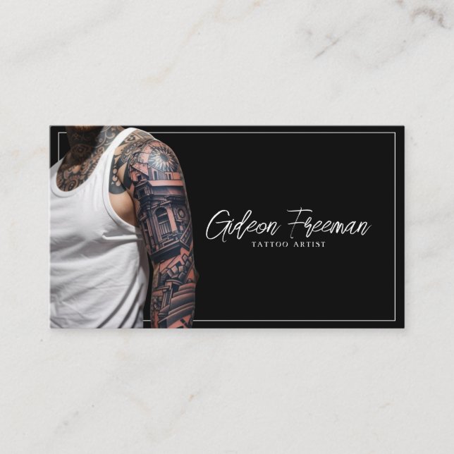 Trendy Black and White Tattooed Guy Tattoo Artist Business Card (Front)