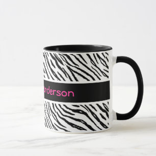 Trendy Black and White Tiger Stripes Pink Name Mug
