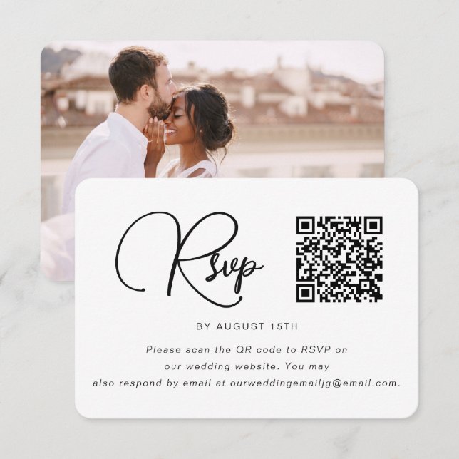 Trendy Black and White Wedding Photo RSVP QR Code (Front/Back)