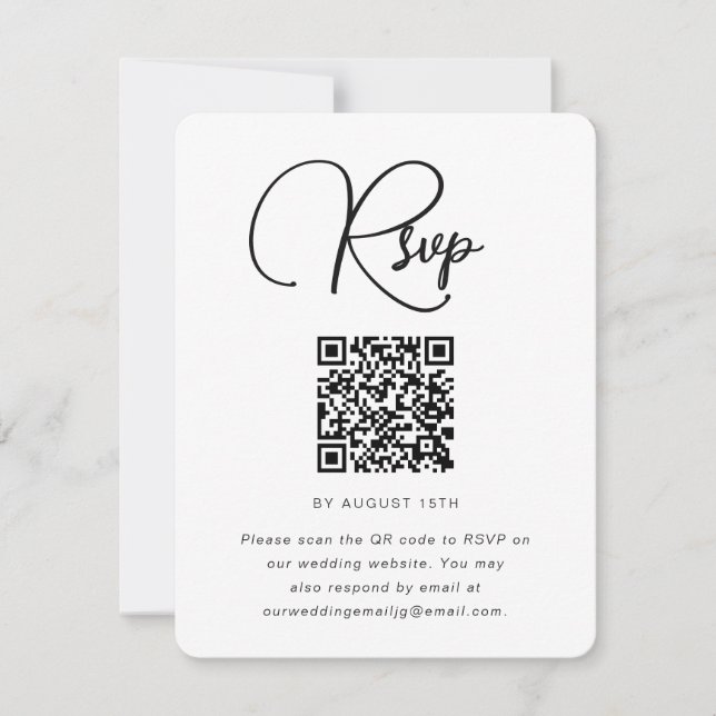 Trendy Black and White Wedding RSVP with QR Code (Front)