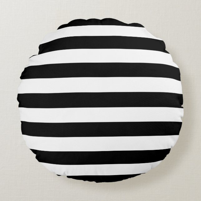 Trendy Black and White Wide Horizontal Stripes Round Pillow (Front)