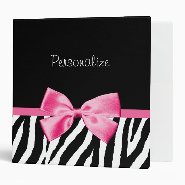 Trendy Black And White Zebra Print Pink Ribbon Binder (Front/Inside)