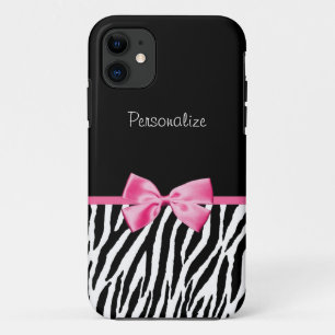 Trendy Black And White Zebra Print Pink Ribbon iPhone 11 Case