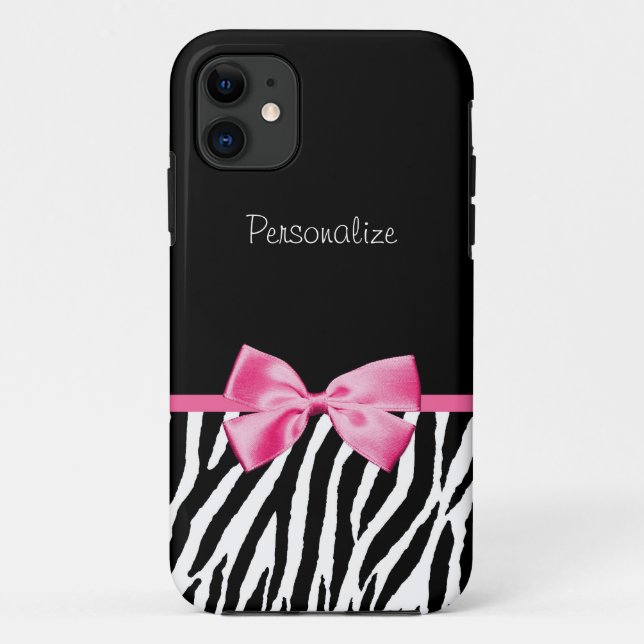 Trendy Black And White Zebra Print Pink Ribbon Case-Mate iPhone Case (Back)