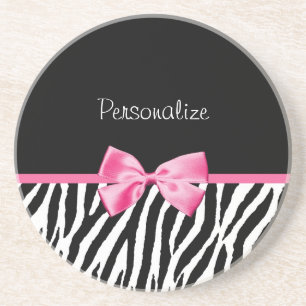 Trendy Black And White Zebra Print Pink Ribbon Coaster