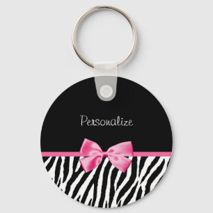 Trendy Black And White Zebra Print Pink Ribbon Keychain