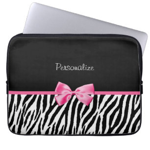 Trendy Black And White Zebra Print Pink Ribbon Laptop Sleeve