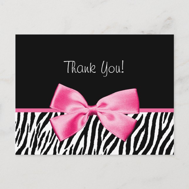 Trendy Black And White Zebra Print Pink Ribbon Postcard (Front)