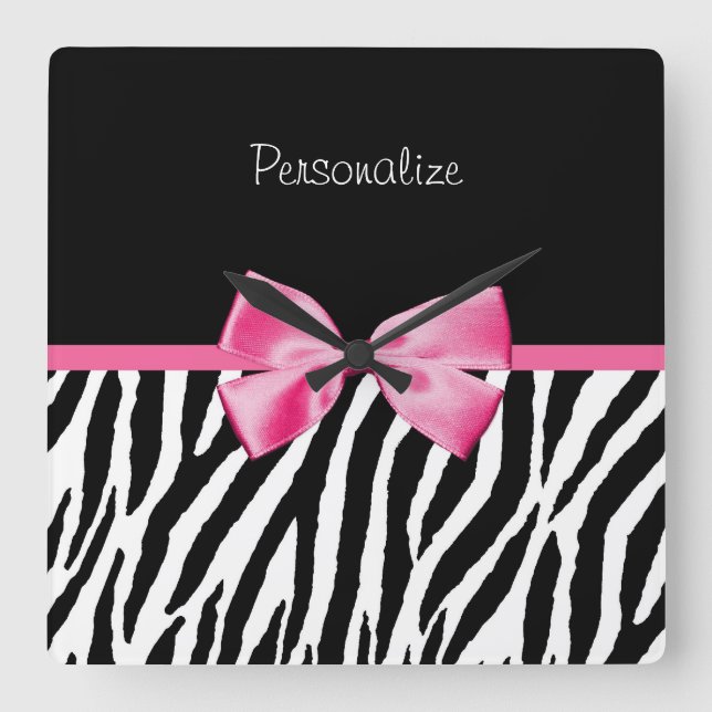 Trendy Black And White Zebra Print Pink Ribbon Square Wall Clock (Front)