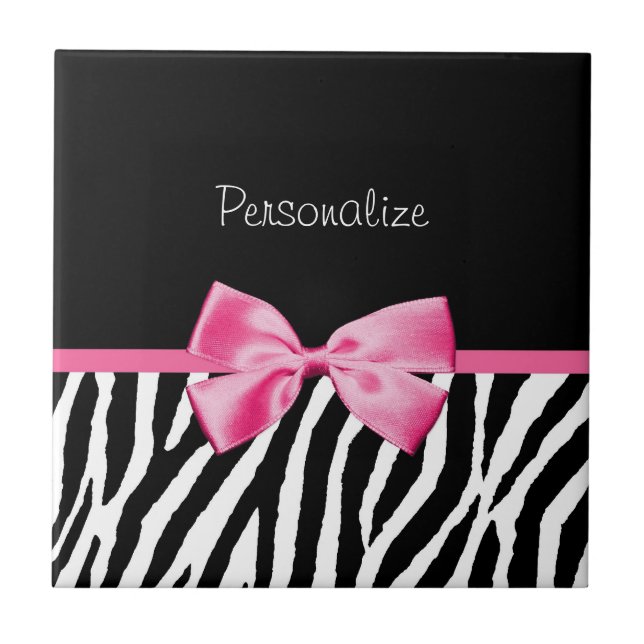 Trendy Black And White Zebra Print Pink Ribbon Tile (Front)