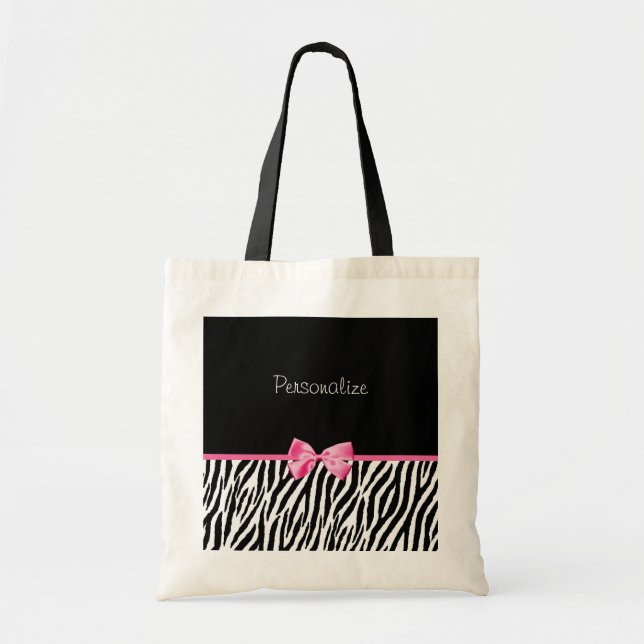 Trendy Black And White Zebra Print Pink Ribbon Tote Bag (Front)