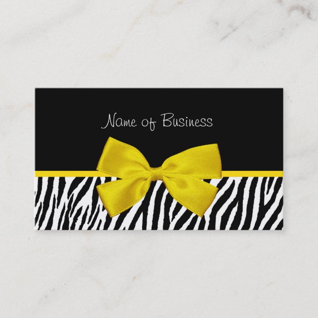 Trendy Black And White Zebra Print Yellow Ribbon Business Card (Front)