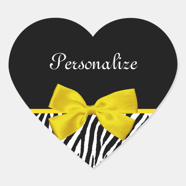 Trendy Black And White Zebra Print Yellow Ribbon Heart Sticker (Front)