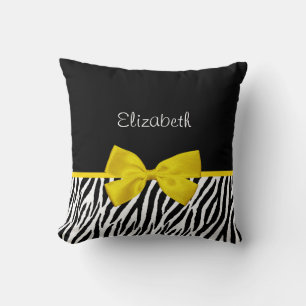 Trendy Black And White Zebra Print Yellow Ribbon Throw Pillow