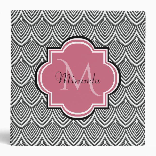 Trendy Black Arched Scallops Pink Monogram Name Binder (Front)