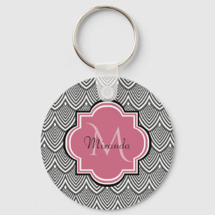 Trendy Black Arched Scallops Pink Monogram Name Keychain
