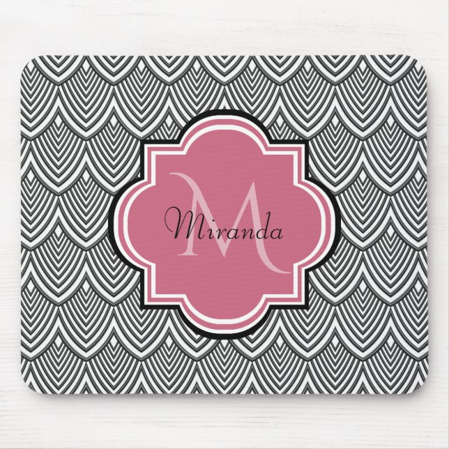 Trendy Black Arched Scallops Pink Monogram Name Mouse Pad (Front)