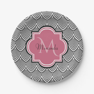 Trendy Black Arched Scallops Pink Monogram Name Paper Plate