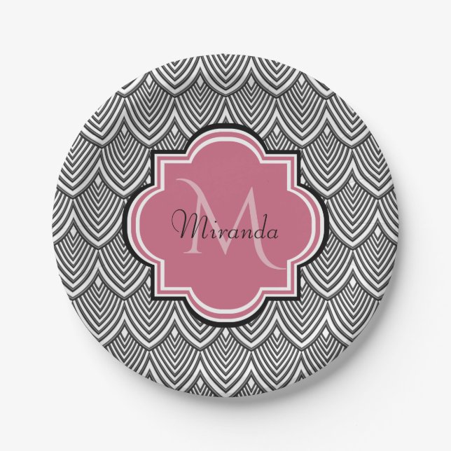 Trendy Black Arched Scallops Pink Monogram Name Paper Plate (Front)