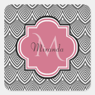Trendy Black Arched Scallops Pink Monogram Name Square Sticker