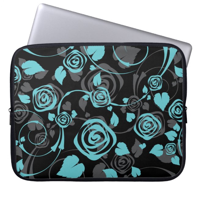 Trendy Black & Blue Floral Rose Laptop Sleeve (Front)