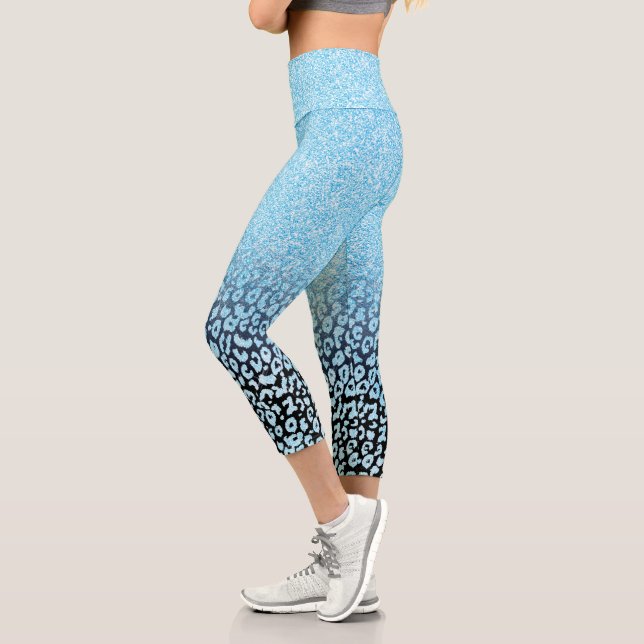 Trendy Black & Blue Glitter Ombre Leopard Print To Capri Leggings (Left)