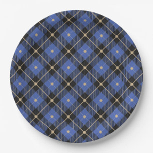 Trendy Black Blue Plaid Pattern Paper Plate