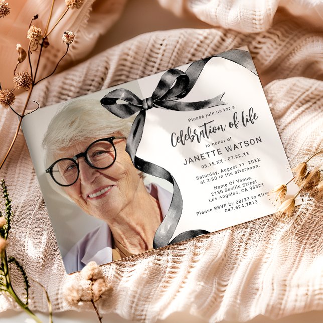 Trendy Black Bow Photo Celebration Of Life Invitation (Creator Uploaded)