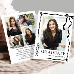 Trendy Black Bow Ribbon 5 PHOTO Graduation Party Invitation