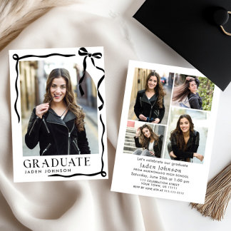 Trendy Black Bow Ribbon 5 PHOTO Graduation Party Invitation