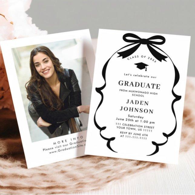 Trendy Black Bow Ribbon PHOTO Graduation Party Invitation (Creator Uploaded)